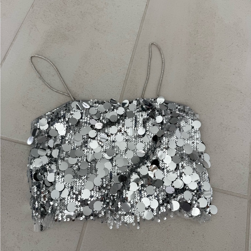 Silver Sequin Spaghetti-Strap Crop Top